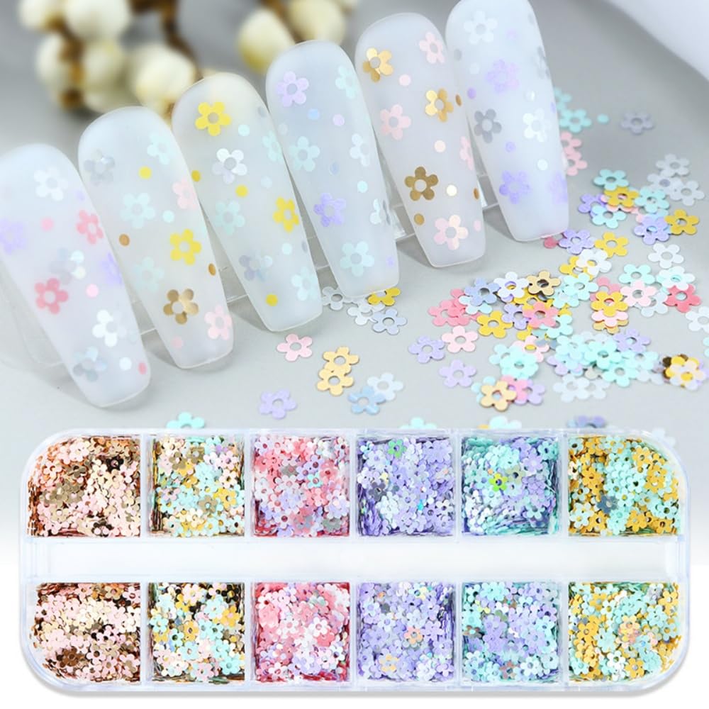 1 Box 6 Color Holographic Flower Nail Glitter Laser Aurora Pink Nail Sequins 3D Blue Purple Nail Flakes Sparkly Powder Flakes Shiny Nail Glitter Colorful Nail Sequins Glitter for Nails Art 12 Grids