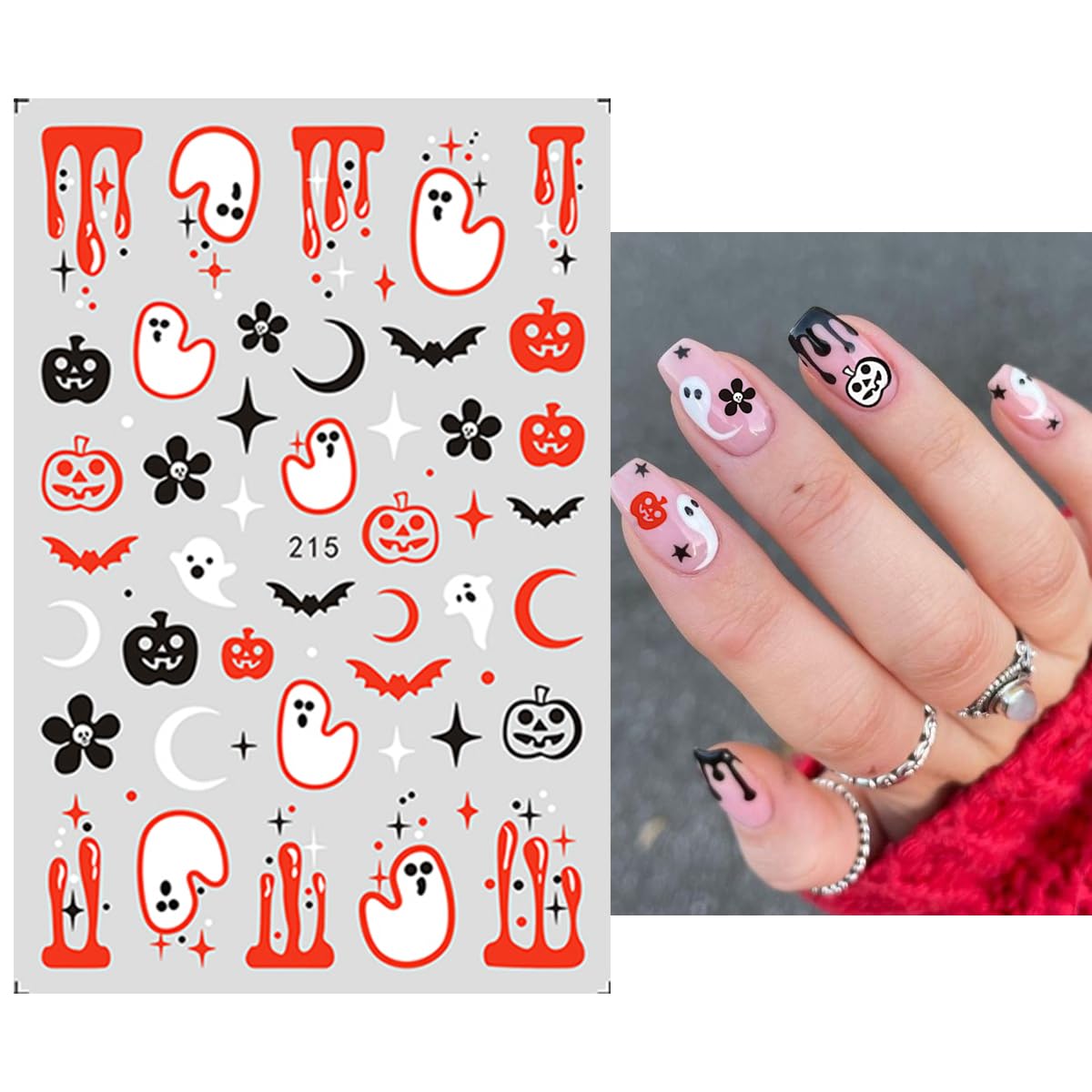 Halloween Nail Art Stickers 8 Sheets Cute Halloween Cartoon Nail Stickers Cute Ghost Pumpkin Stickers Blood Bats Cat Spider Web Skull Nail Art Design Nail Decals for Women DIY Halloween Charms