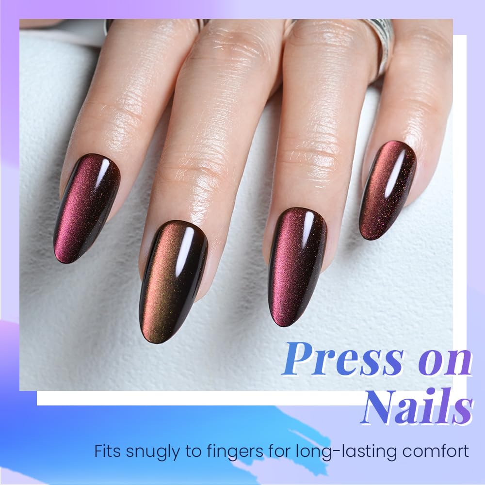evpct Purple Red Cat Eye Chrome Press on Nails Almond Medium with Design, Holographic Medium Almond Stick on Fake Nails for Women, Glossy Cat Eye Effect, Perfectly Fit Salon-quality Soft False Nail