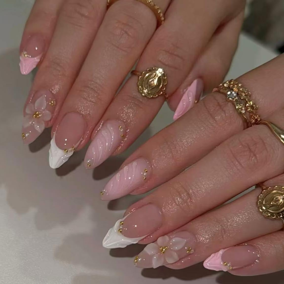 Handmade French Tip Press on Nail Almond Fake ons with Designs Chrome False Nails Long Glossy Full Cover Glue on Nails Stick Women Nails Manicure Decoration 10Pcs (MT-169-M)