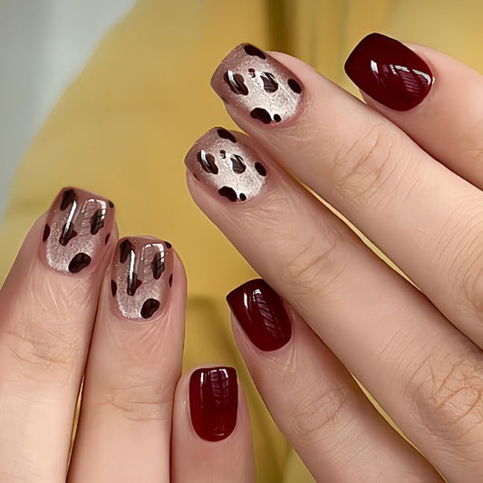 CEWEWP Short Square Press on Nails Red Brown Fake Nails Leopard Print False Nail with Milk Cow Print Glitter Design Full Cover Acrylic Glossy Stick on Nails Winter Glue on Nail for Women 24PCS