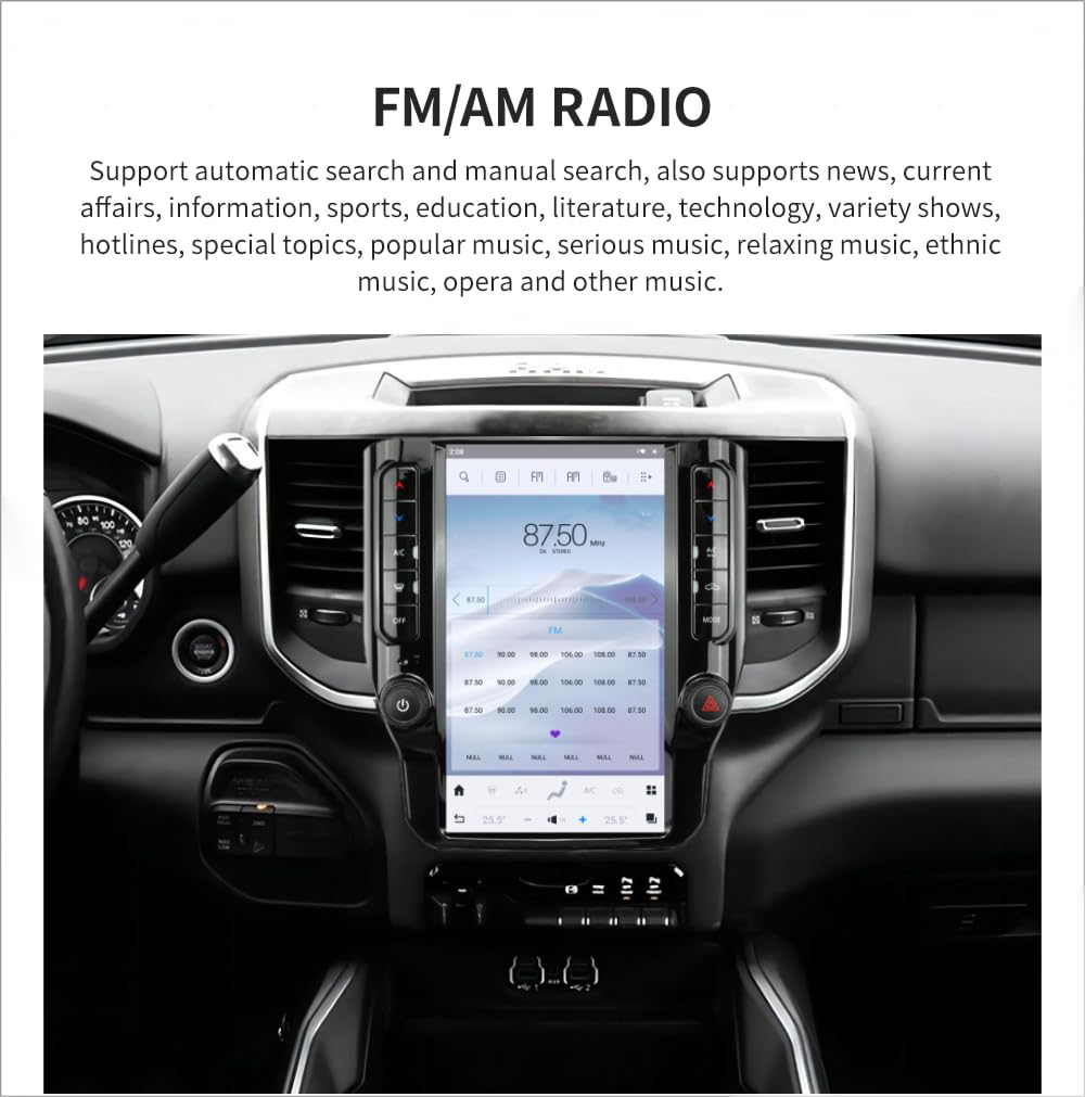 Large Touch Screen Car Navigation Radio for Dodge 2019-2024 RAM 1500 2500 3500，Tesla Style 12.1 Inch，Apple CarPlay GPS Music Video Web Player app Download，and retain All Original Vehicle Functions