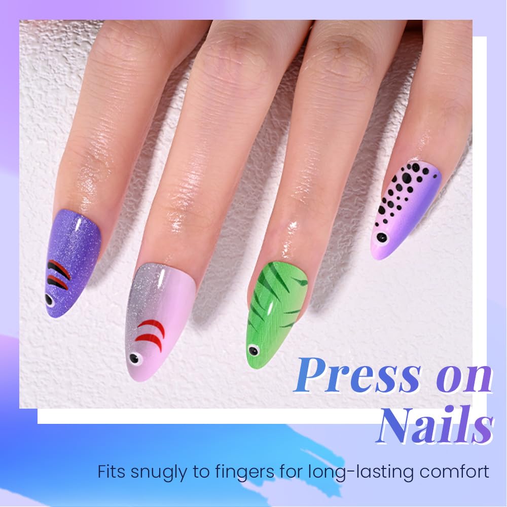 evpct Handmade Press on Nails Short Almond with Fish Lure Design, Cute Costume Fish Bait Press on Fake Nails for Women with Manicure Kit, Reusable Full Cover Stick on Nail with Design Perfectly Fit