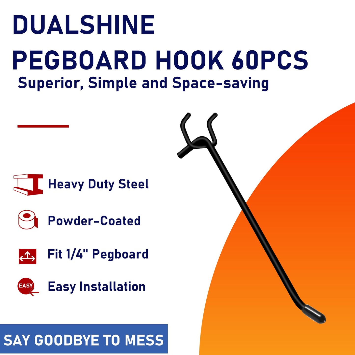 Dualshine 60Pcs Black Pegboard Hooks, 2/4/6 Inch Pegboard Wall Hook Heavy Duty PegBoard Shelving Hook Fit 1/4" PegBoard Metal Hanging Pegboard Display Hook Holder Organizer for Kitchen Store"