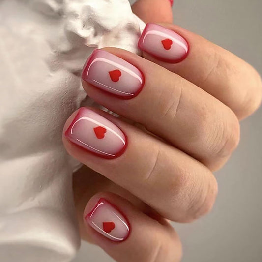 FIEONCIY Press on Nails Short Square Shaped Glossy Full Cover Acrylic Extra Short Square False Nails with Love Heart Designs Artificial Fake Nails Glue Stick ons Fingernails for Women Girls(JP3139)