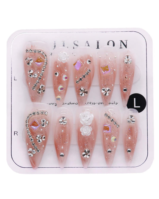 CAMILCY Handmade Press on Nails Long Stiletto Glossy Nude Pink Fake Nails with 3D Flowers Rhinestones Luxury Crystal Bling Acrylic Nails Reusable Stick on Nails for Women (B04, L)