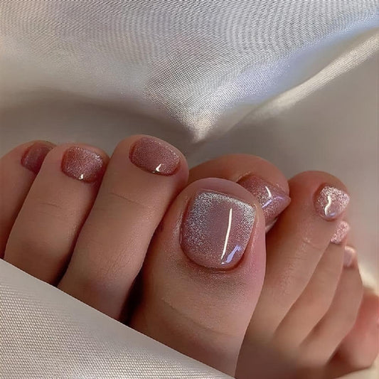 Pink Glitter Press on Toenails Short Square Fake Toe Nails Press ons with Design Full Cover Glossy Summer False Toenails Reusable Shiny Acrylic Stick on Toenails for Women Girls Manicure 24Pcs
