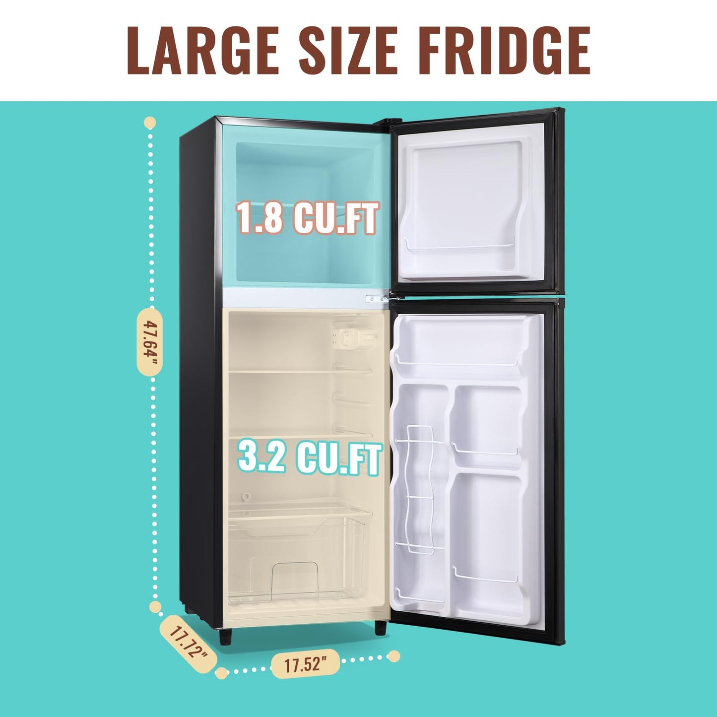 WANAI Double Door Small Refrigerator with Freezer, 5.0 Cu.Ft Large Size Fridge with 7 Level Adjustable Thermostat & Removable Shelves, Mini Refrigerator for Kitchen Apartment and Office, Silver