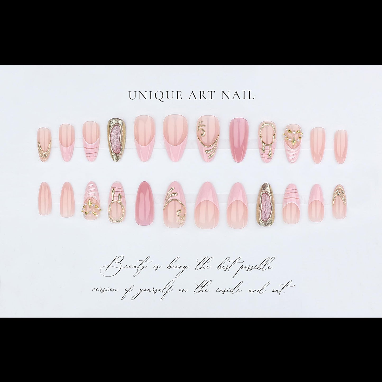 plalely Almond Press on Nails Long Pink Fake Nailwith 3D Charms Acrylic Nail Press ons Golden Embossed Stick on Nails for Women 24pcs