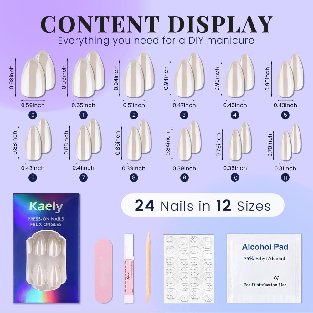 evpct Pearl White Glazed Press On Nails Short Almond, Beige French Tip Chrome Glazed Glossy Stick on Nail for Women Gift, Reusable Full Cover Soft Gel Press on Fake Nail with French Tip Design