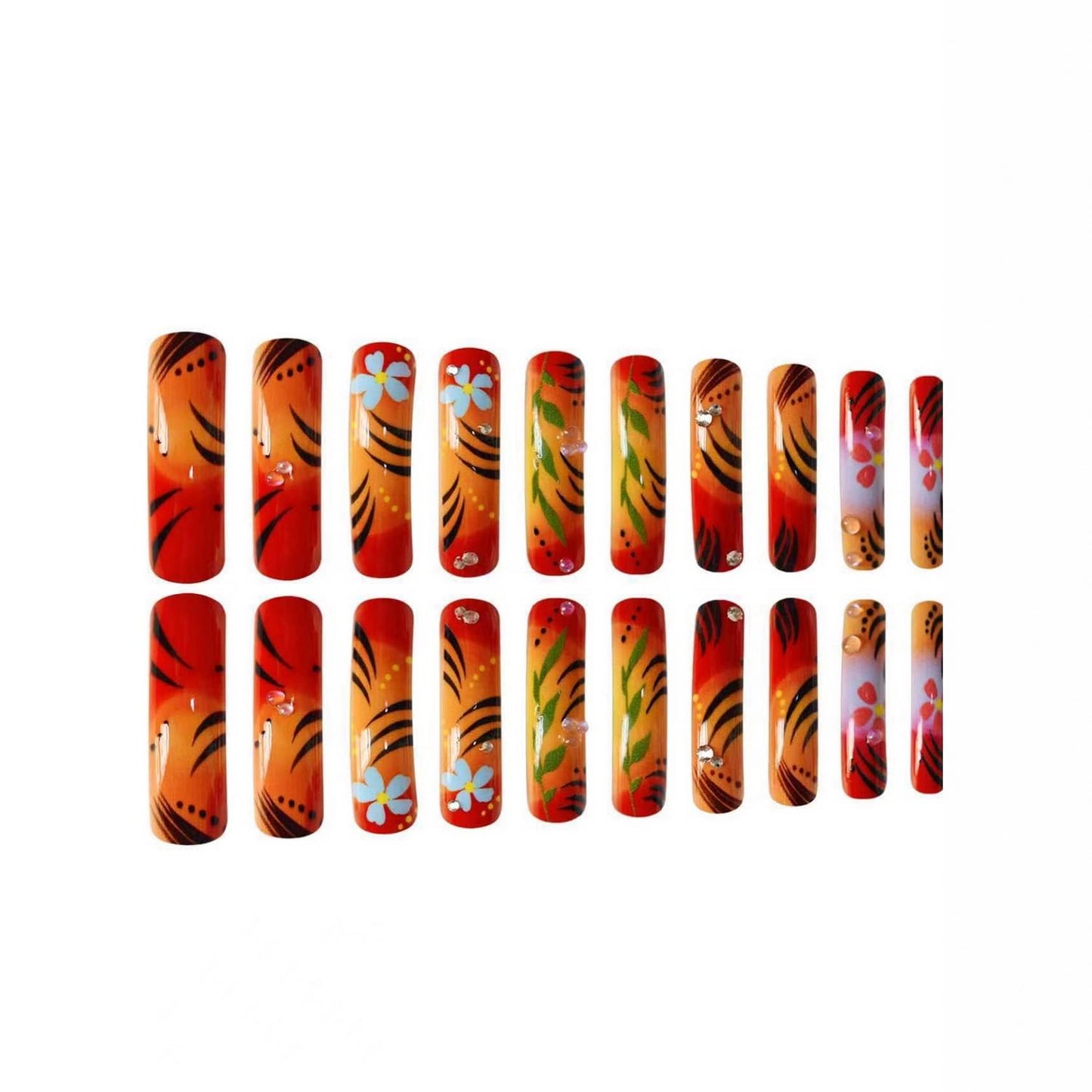Curved Press on Nails Extra Long Square Fake Nails Full Cover Orange with Flower designs Rhinestones Press ones Glossy Curve Fake Nails Reusable Acrylic Glue on Nails for Women Girls Manicure24pcs