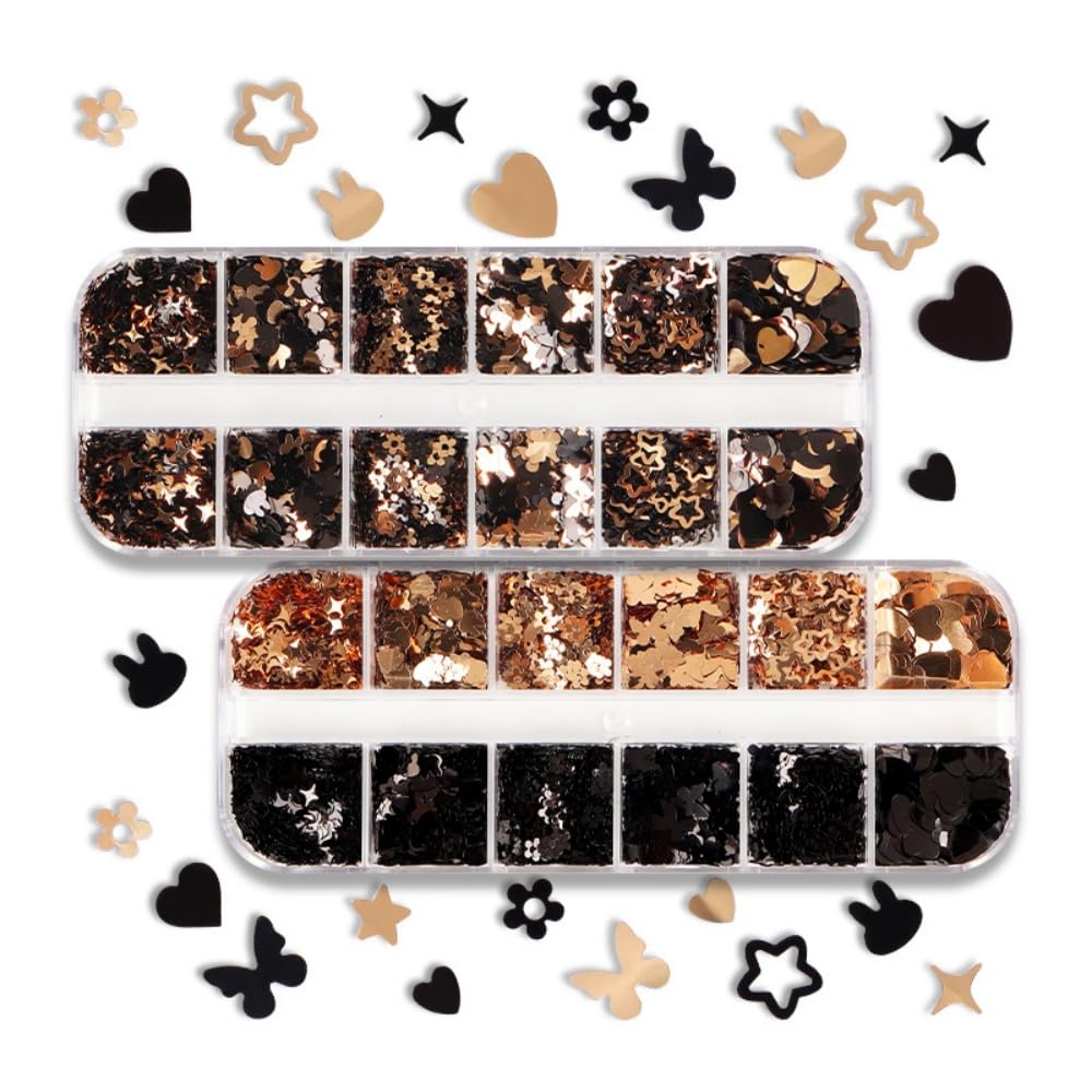 1 Box 2 Color Holographic Butterfly Hearts Nail Glitter Black Gold Nail Sequins 3D Star Flower Nail Flakes Sparkly Powder Flakes Shiny Nail Confetti Rabbits Chunky Glitter for Nails Art 12 Grids