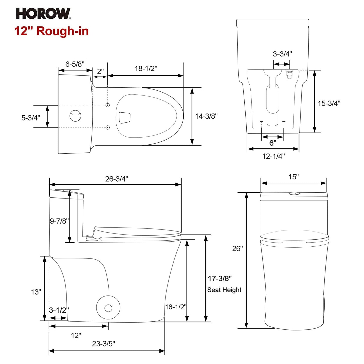 HOROW T0338WM Elongated One Piece Toilet Matte White, ADA Toilet 17.3" with Comfort Chair Height Seat, 0.8/1.28 GPF Powerful Dual Flush Toilet for Bathroom, 12" Rough-in Skirted Toilet Bowl