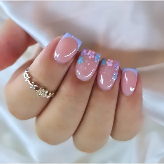 Flower Press on Nails Short Square Fake Nails French Tip Nails Press Ons Summer Spring False Nails Purple Blue Glue on Nail Glossy Full Cover Stick on Nail for Women Decorations Set 24Pcs