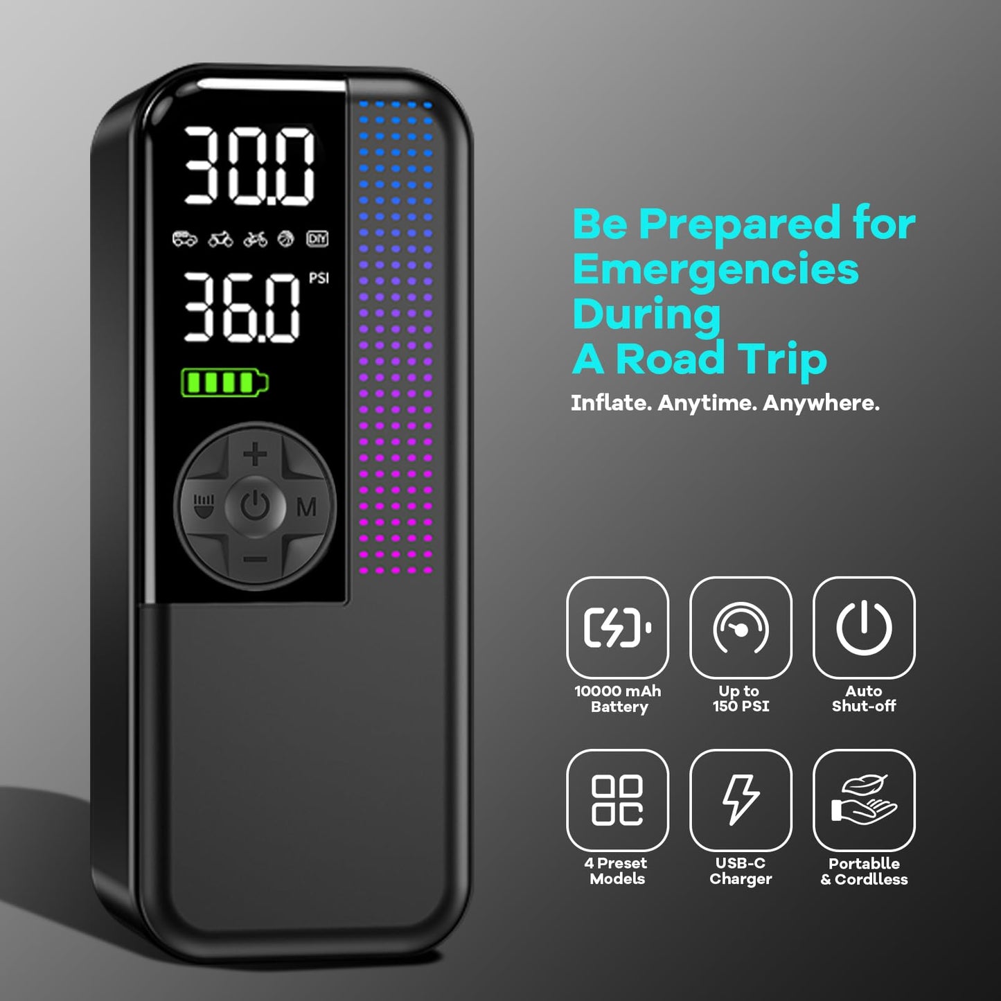WEOLULI Tire Inflator Portable Air Compressor,150 PSI Cordless Air Pump, 12V DC Car Plug,Dual Power 10000mAh, Fast Inflation 24L/Min, 4 Preset Modes for Car, Bike, Motorcycle, Balls (Black, 10000mAh)