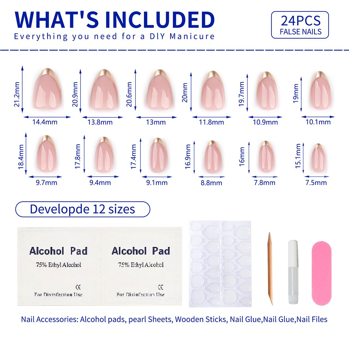 Stbisen Almond Press On Nails Short, Pink Fake Nails with Elegantly Crafted Gold French Tips, Glossy Gel Finish, Thick Natural Reusable Glue On Nails Kit for Women 24Pcs, Golden French Chic