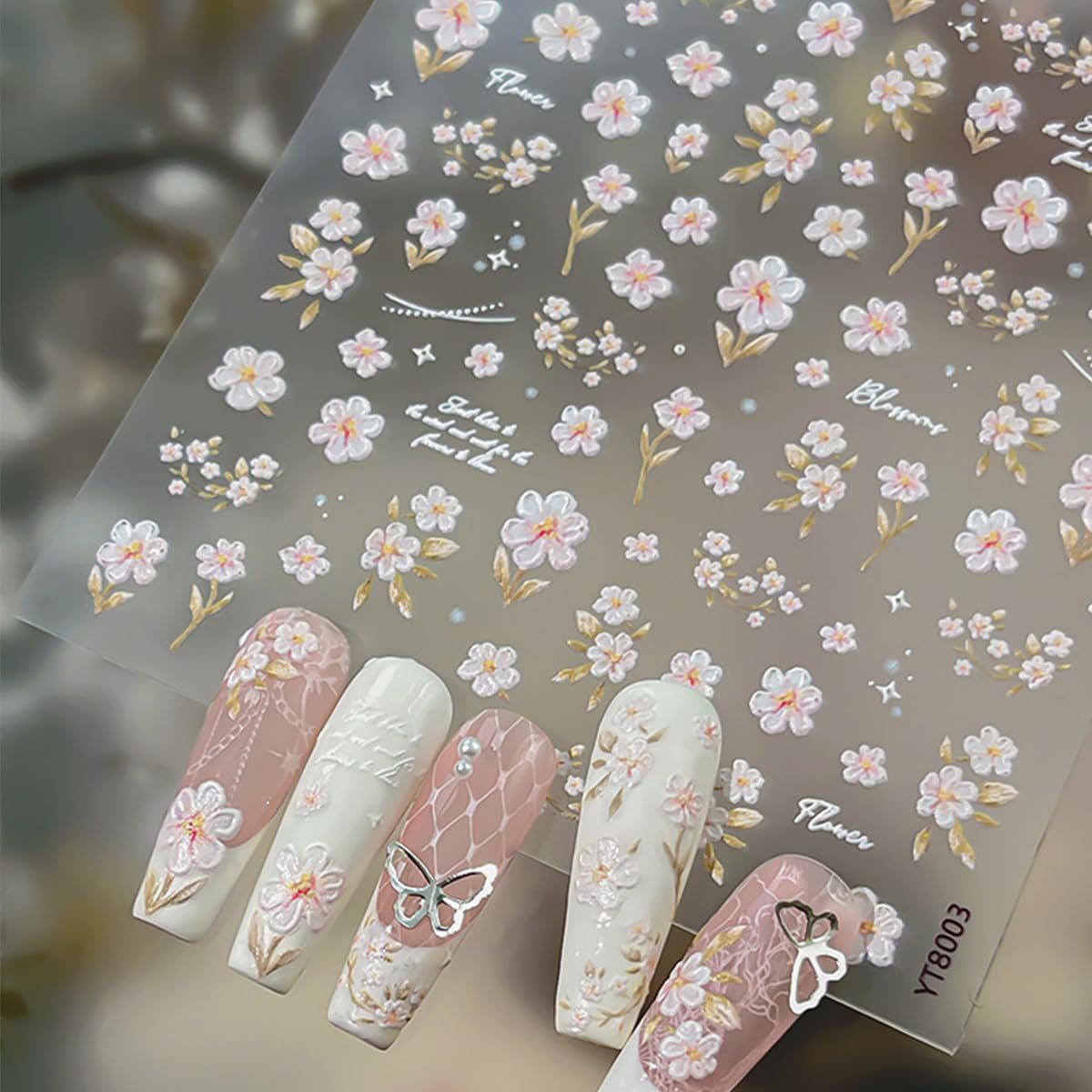 1Pcs Flower Nail Art Stickers Decals 5D Embossed Pink Flower Nail Decals Cute Small Floral Nail Stickers for Women Spring Summer Nail Art Decorations Supplies