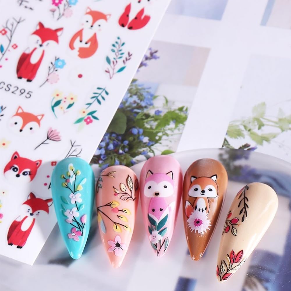 4 Sheets Cartoon Nail Stickers for Nail Art 3D Self-Adhesive Cute Pink Fox Nail Designs Colorful Flower Leaf Nail Decals Floral 5D Embossed Animal Cat Nails Supplies for Women Holiday DIY Manicure