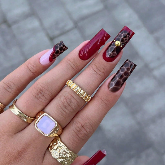 plalely Square Press on Nails Long Purple Fake Nails 3D Charm with Leopard Stick on Nail Tips for Women