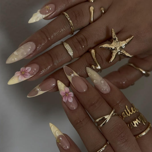 24Pcs Flower Press on Nails Medium Almond Fake Nails Yellow French Tip False Nails with 3D Pink Flower Dewdrop Design Pearl Gems Artificial Stick on Nails Full Cover Glue on Nail for Women Manicure