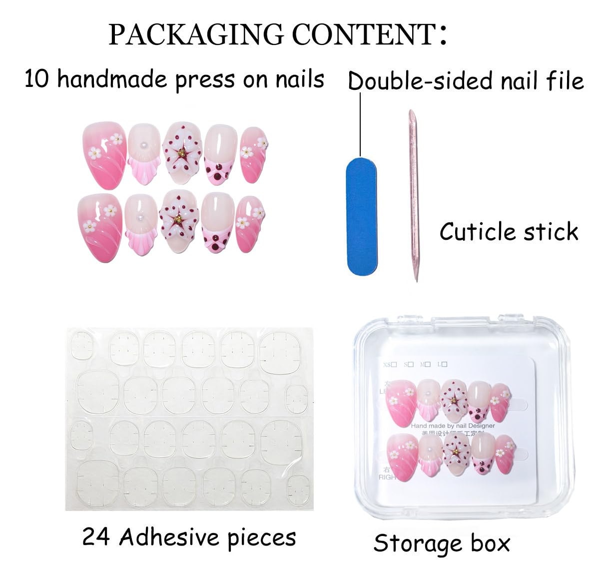 10Pcs Short Almond Handmade Press On Nails | Pink Ombre with Seashell, 3D Floral & Pearl Decor | Reusable Salon-Quality Fake Nails for Women and Girls(PZ01, XS)