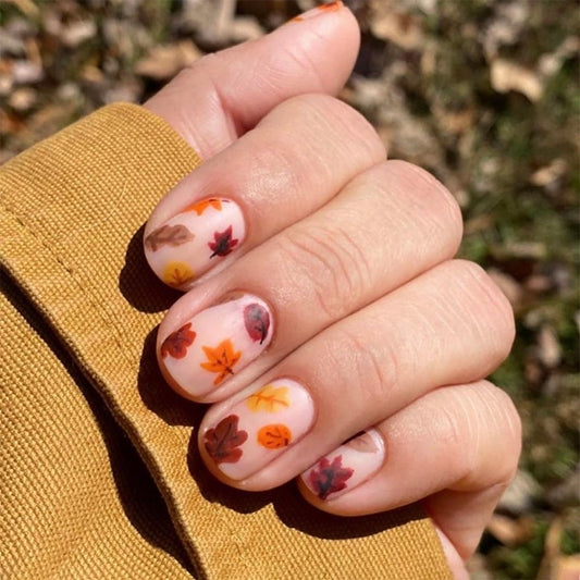 Fall Press on Nails Short - Square Fake Nails with Maple Leaf Design - Thanksgiving Day False Nails, Matte Stick on -for Women 24 Pcs