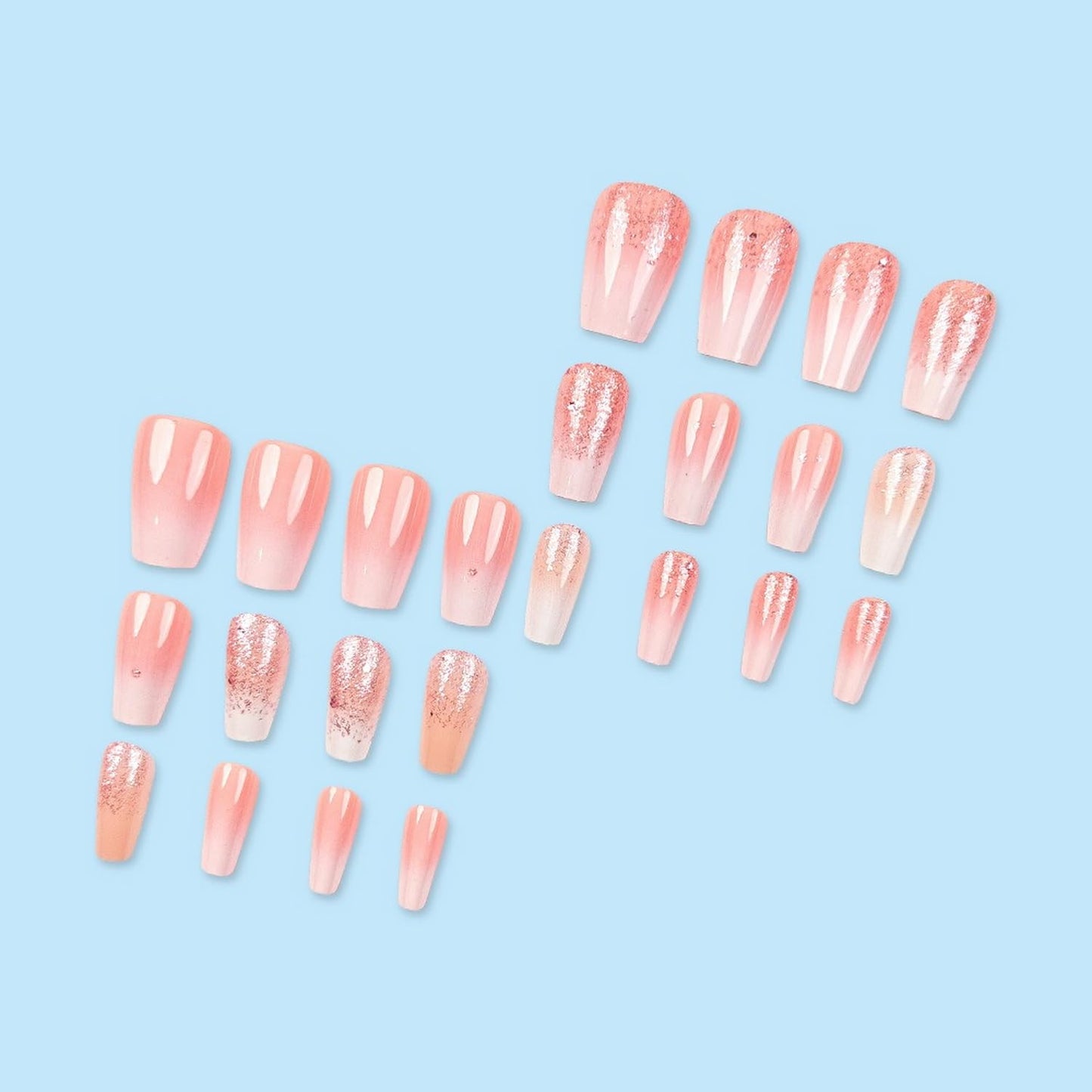 SWEKKE Ombre Press on Nails Medium Almond Pink Glitter Designs Full Cover Glossy Glue on Nails Acrylic Nails for Women Girls 24Pcs