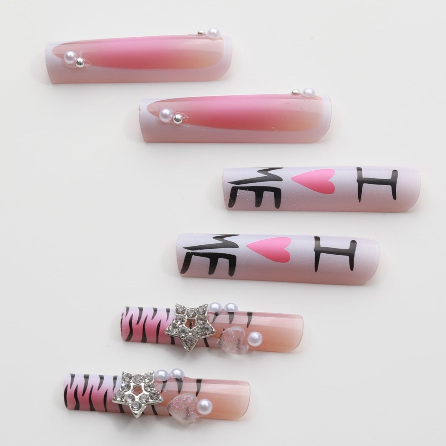 IMRAIN Long Press on Nails Square Fake Nails with Y2K Charms Design White French Tip Acrylic False Nails Pink Ombre Full Cover Glossy Cute Extra Long Stick on Nails for Women