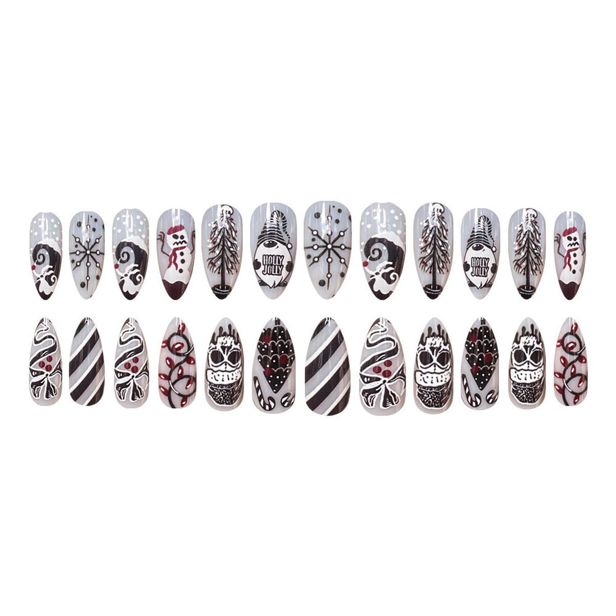 24pcs Christmas Press on Nail Almond Shape Fake Nails Full Cover Black White Press ones with Skull Christmas Tree Striped Snowflakes designs Winter Holiday False Nails Glossy Glue on Nails for Women