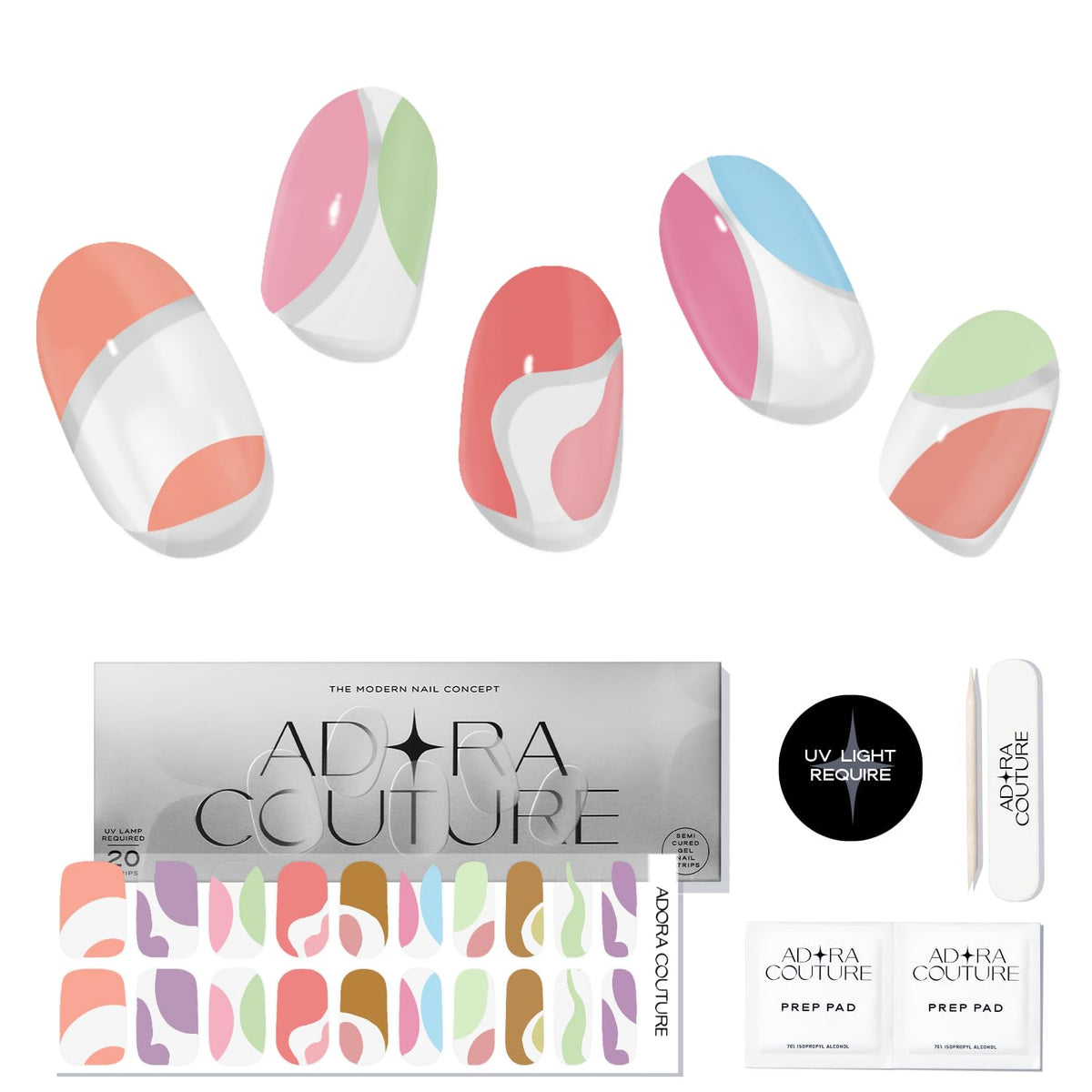 Adora Couture Semi Cured Gel Nail Strips with 20 Pieces - UV Gel Stickers, Manicure Kit, Easy Application Wraps Includes Prep Pads, Nail File, Wooden Stick - UV Light Required (Summer Fun)