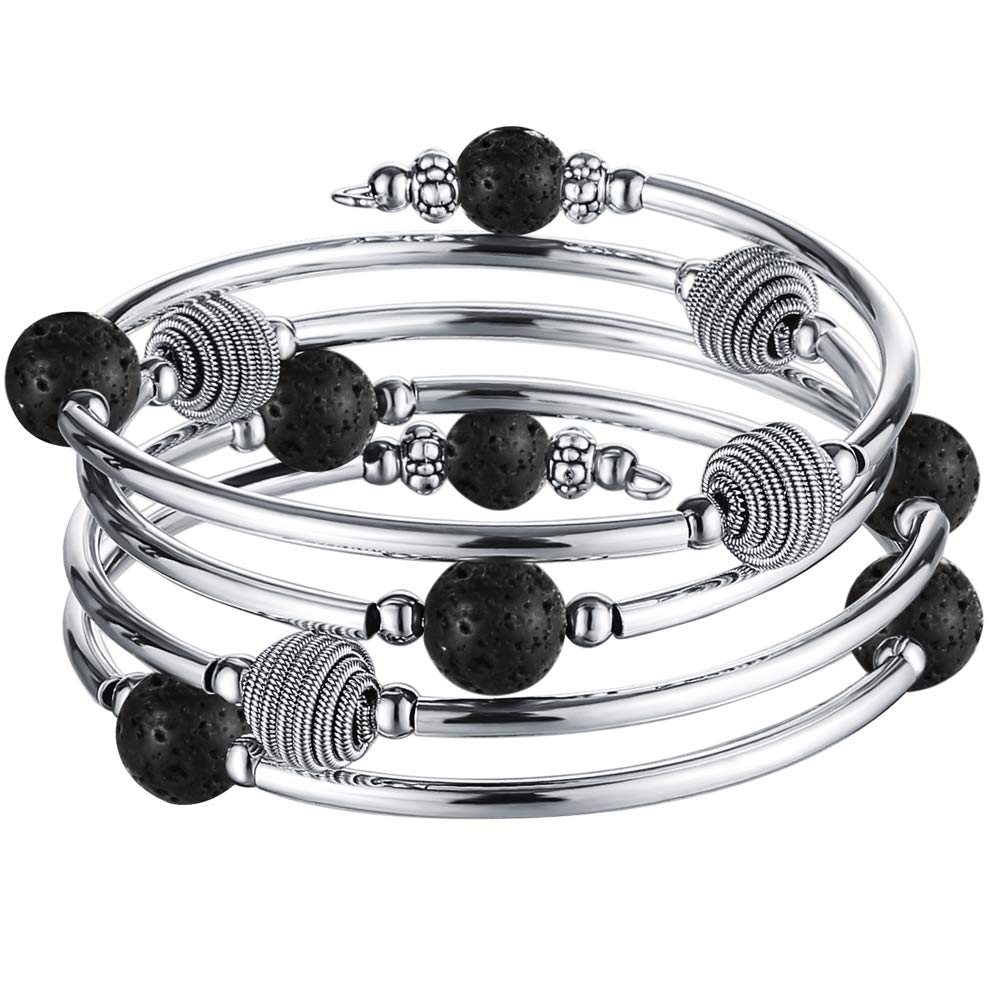 PEARL&CLUB Beaded Chakra Bangle Turquoise Bracelet - Fashion Jewelry Wrap Bracelet with Thick Silver Metal and Mala Beads, Birthday Gifts For Women(63-Lava Black)
