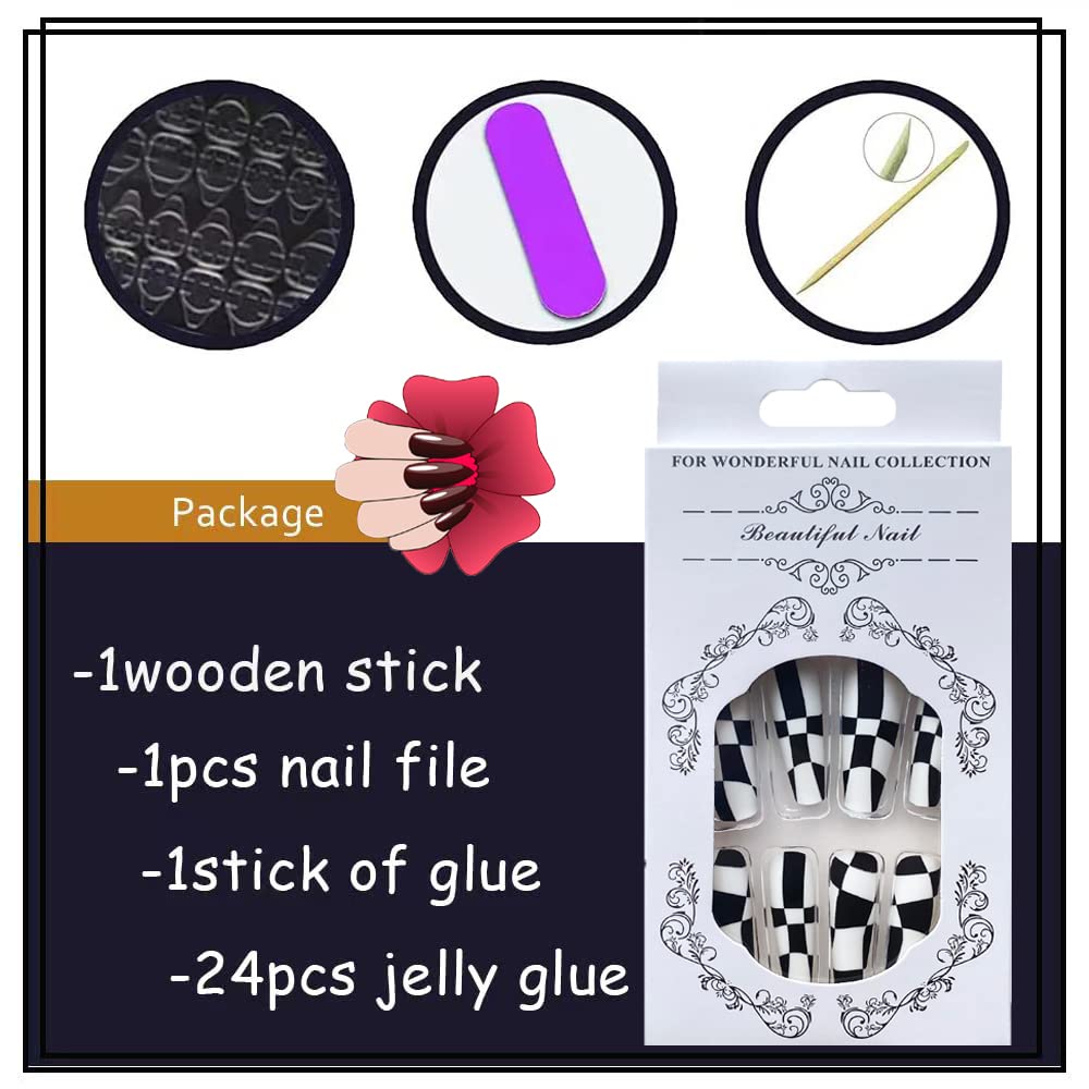 24Pcs Coffin Press on Nails Long Black White Fake Nails with Nail Glue Glossy Checkerboard Ballerina False Nails Acrylic Nails Tips Supplies for Women and Girls Nail Decorations