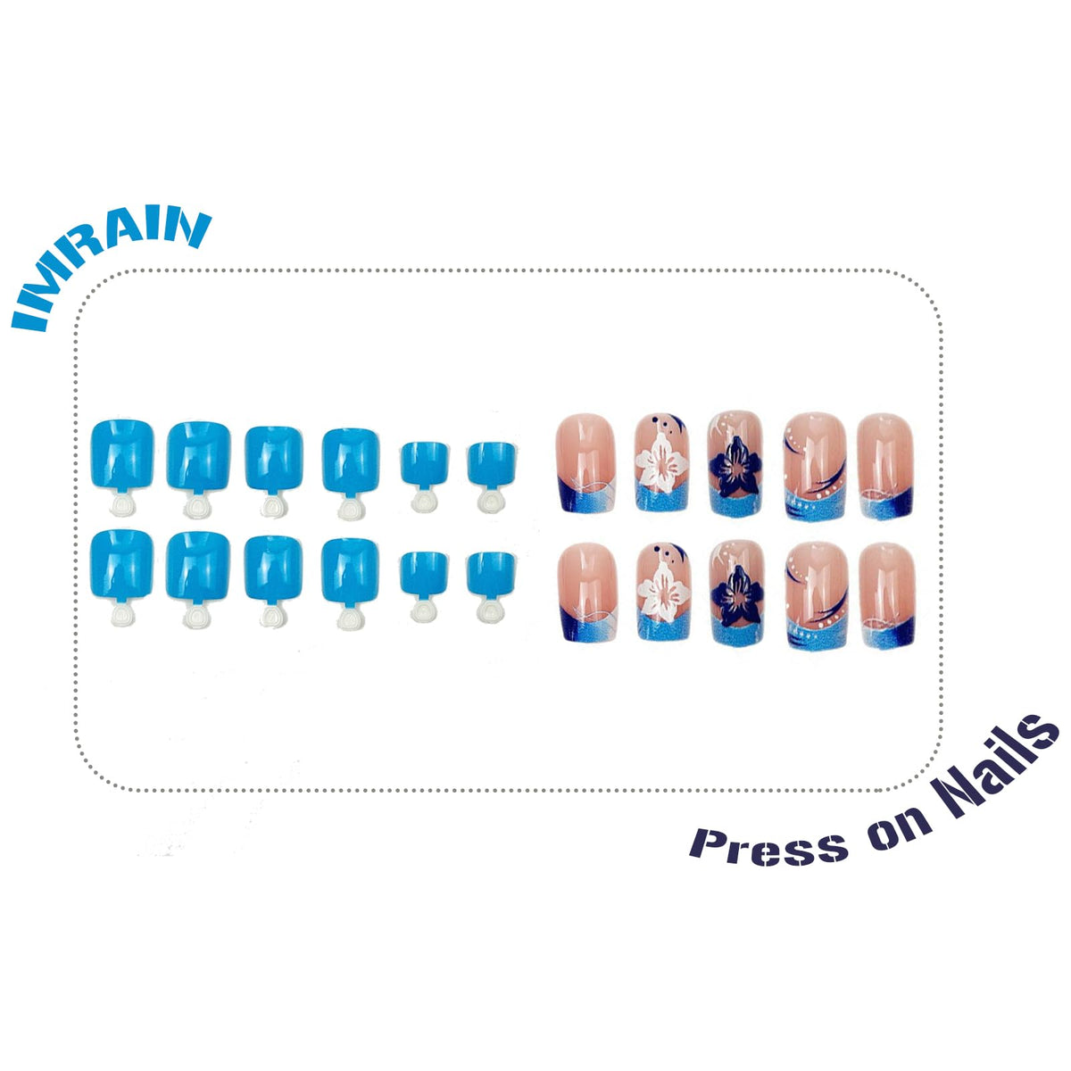 IMRAIN 48Pcs Press on Toe Nails Short Square Fake Toenails Blue French Tips Acrylic False Nails with White Flower Designs Full Cover Glossy Glue on Toe Nails Summer Artificial Nail Supplies