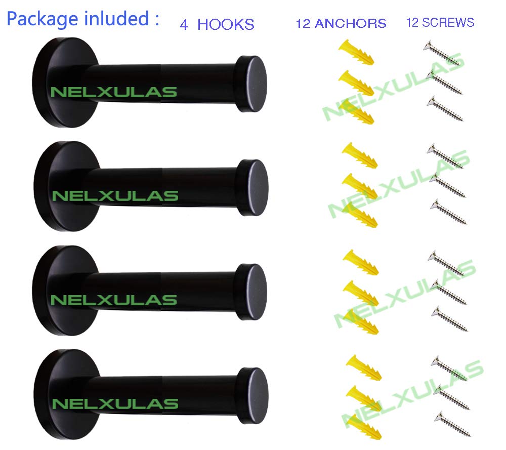 NELXULAS Classic Black Stainless Steel Heavy Duty Wall Mount Hooks, Bath Towel Hooks, Coat Hanger, Handbag Hooks, 4 in Pack (4")"