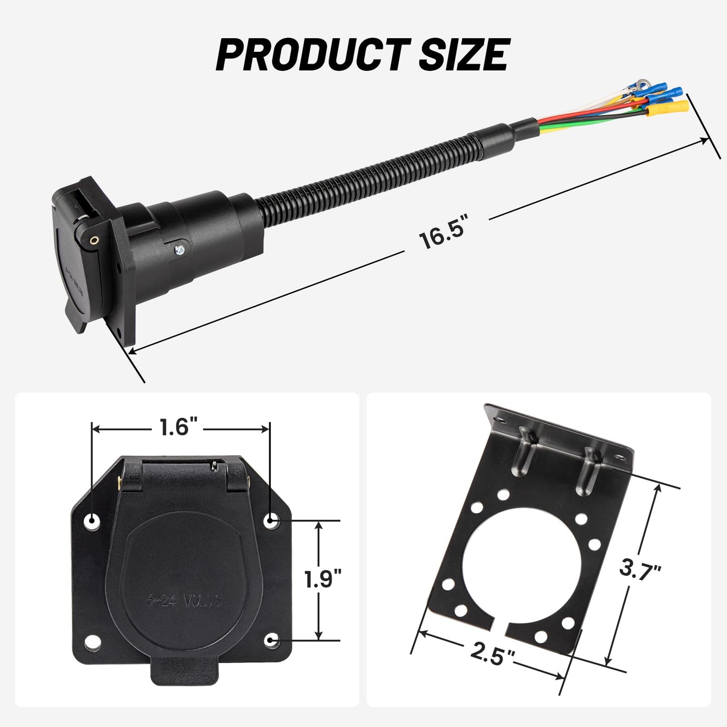 MECMO 7 Way RV Trailer Light Connector Socket 7 Pin Wire Electrical Trailer Adapter Quick Converter with Mounting Bracket, Truck End Quick-Install 7 Prong Universal Pigtail Wiring Harness Vehicle Side