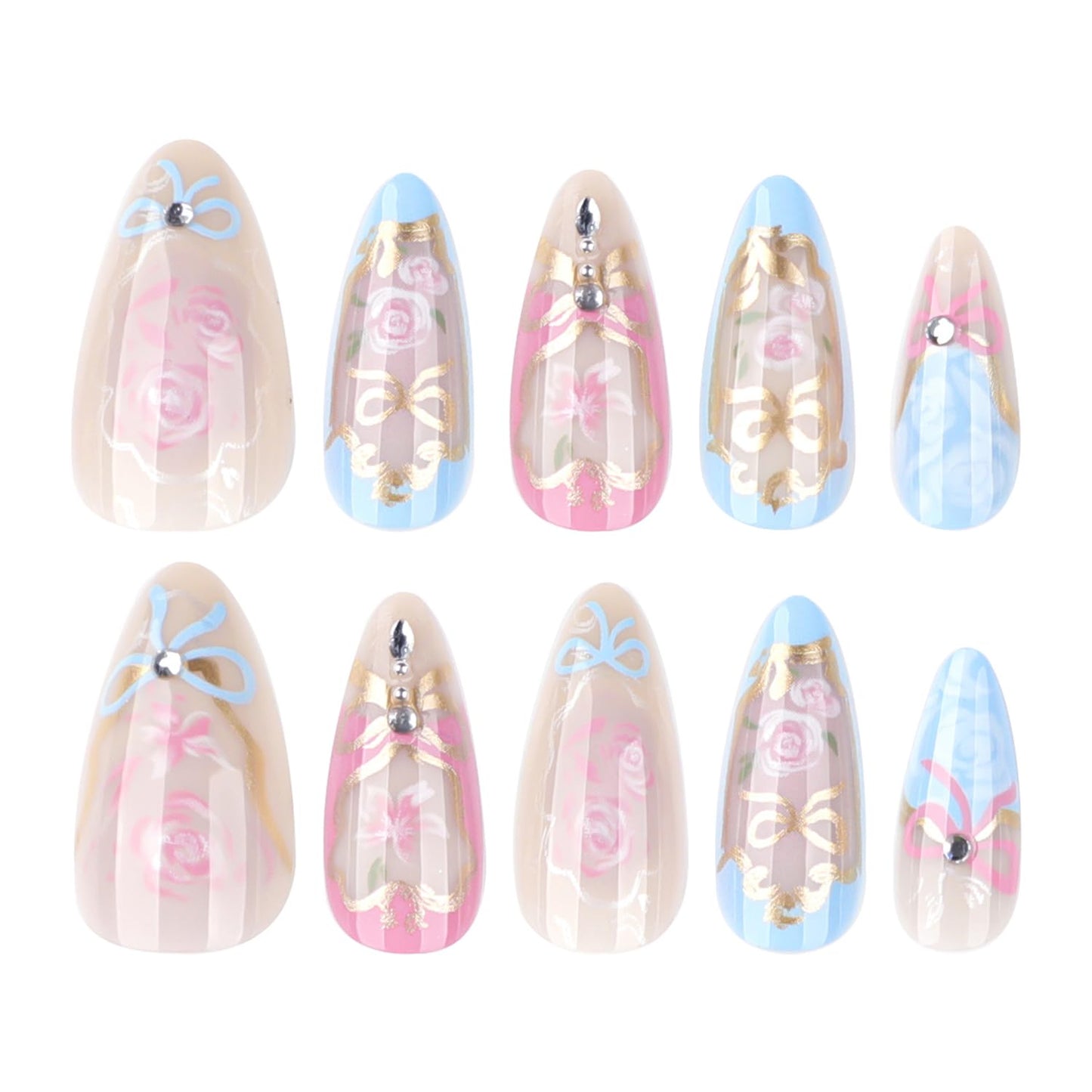 24Pcs Almond Press on Nails Heart Flowers Fake Nails with Exquisite Rhinestones Design Glossy Full Cover Rose False Nails with Glue Medium Romantic Stick on Nails Acrylic Nail Art for Women