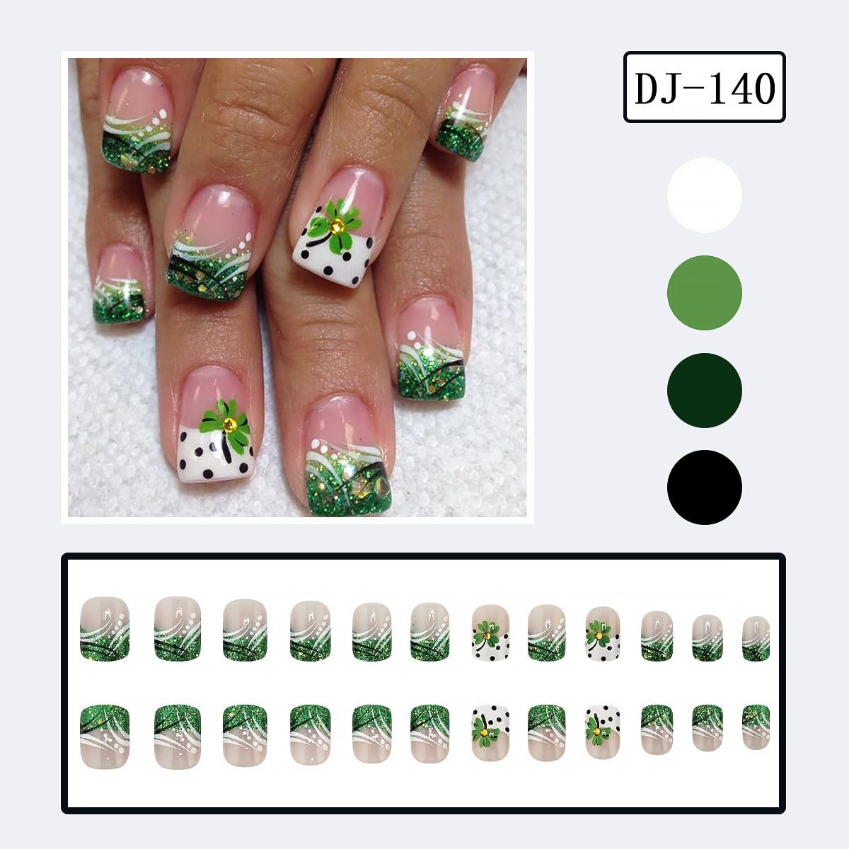 24Pcs St. Patrick's Day French Tip Press on Nails Short Square White Fake Nails Green Shamrock with Gold Rhinestones Nails Design Nude Glossy Full Cover Irish Glue on Nails Stick on Nails for Women