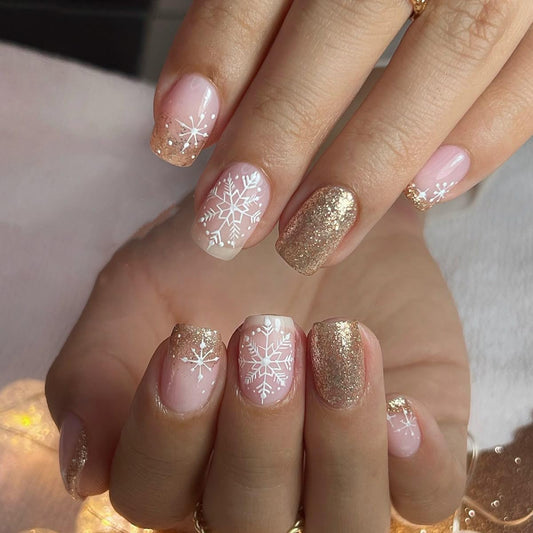 Gold French Tip Christmas Nails Short Square Fake Nails Christmas Snowflake Press on Nails with Glitter Xmas Full Cover Glue on Nail Winter False Nails for Women Holiday Manicure Kit 24Pcs