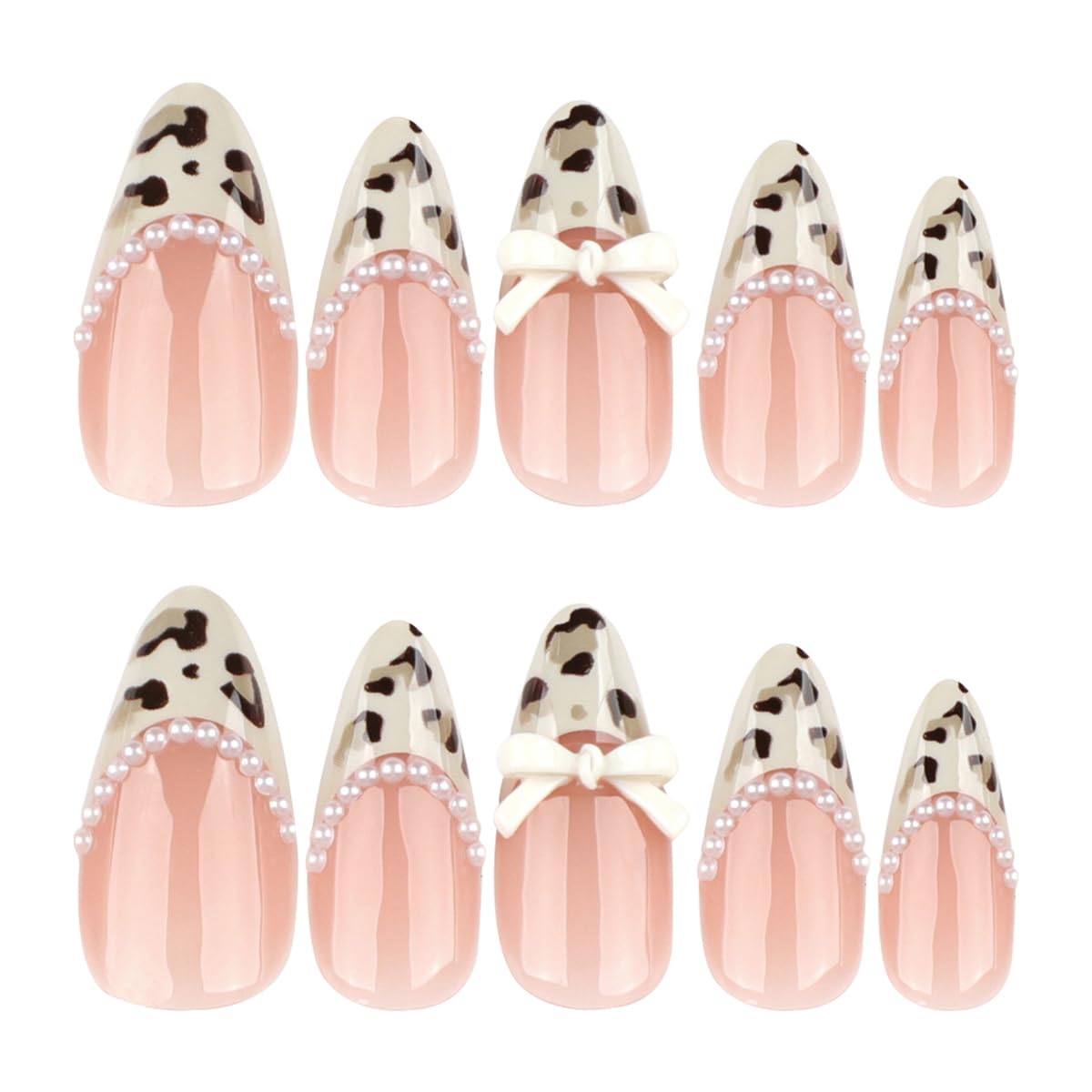 Medium Press on Nails Almond Fake Nails French Nails Press ons with White Pearls,Bow Design,Full Cover Stick on Nails for Women Manicure,Reusable | Artificial | Nail Sticky Tabs | Easy Apply | 24 Pcs