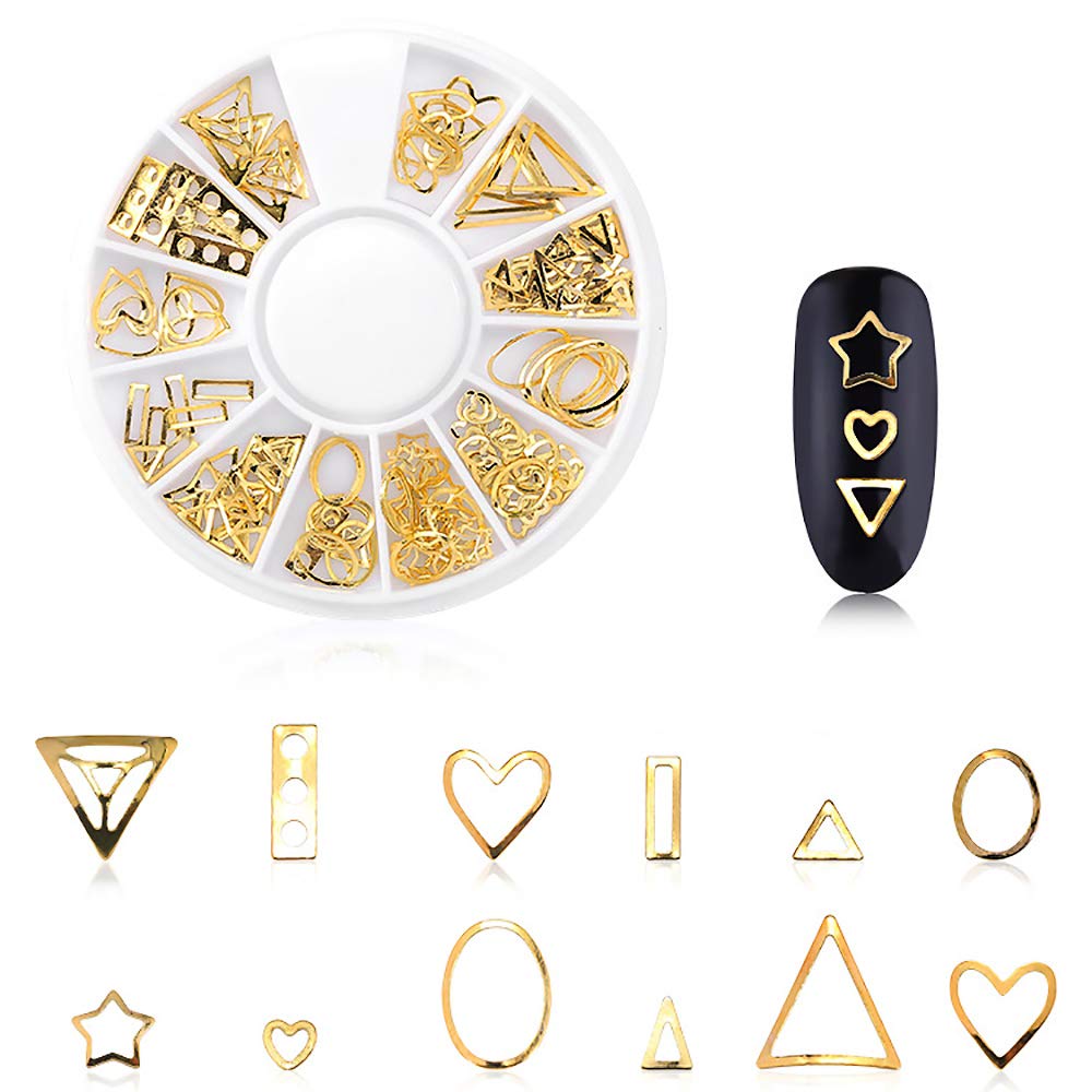 WOKOTO 6 Boxes 3D Hollow Gold Nail Decoration Shell Metal Nail Studs Nail Jewels Kit With 1Pc Tweezers And Picker Pencil