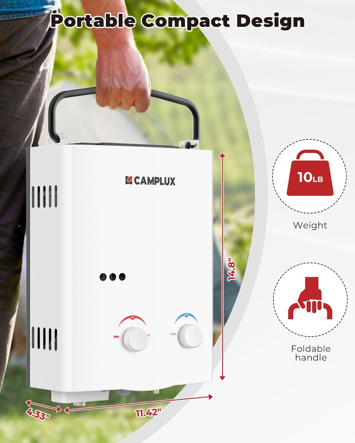 Camplux Tankless Water Heater, 1.32 GPM Portable Propane Outdoor Camping Water Heater, 5L, AY132, White