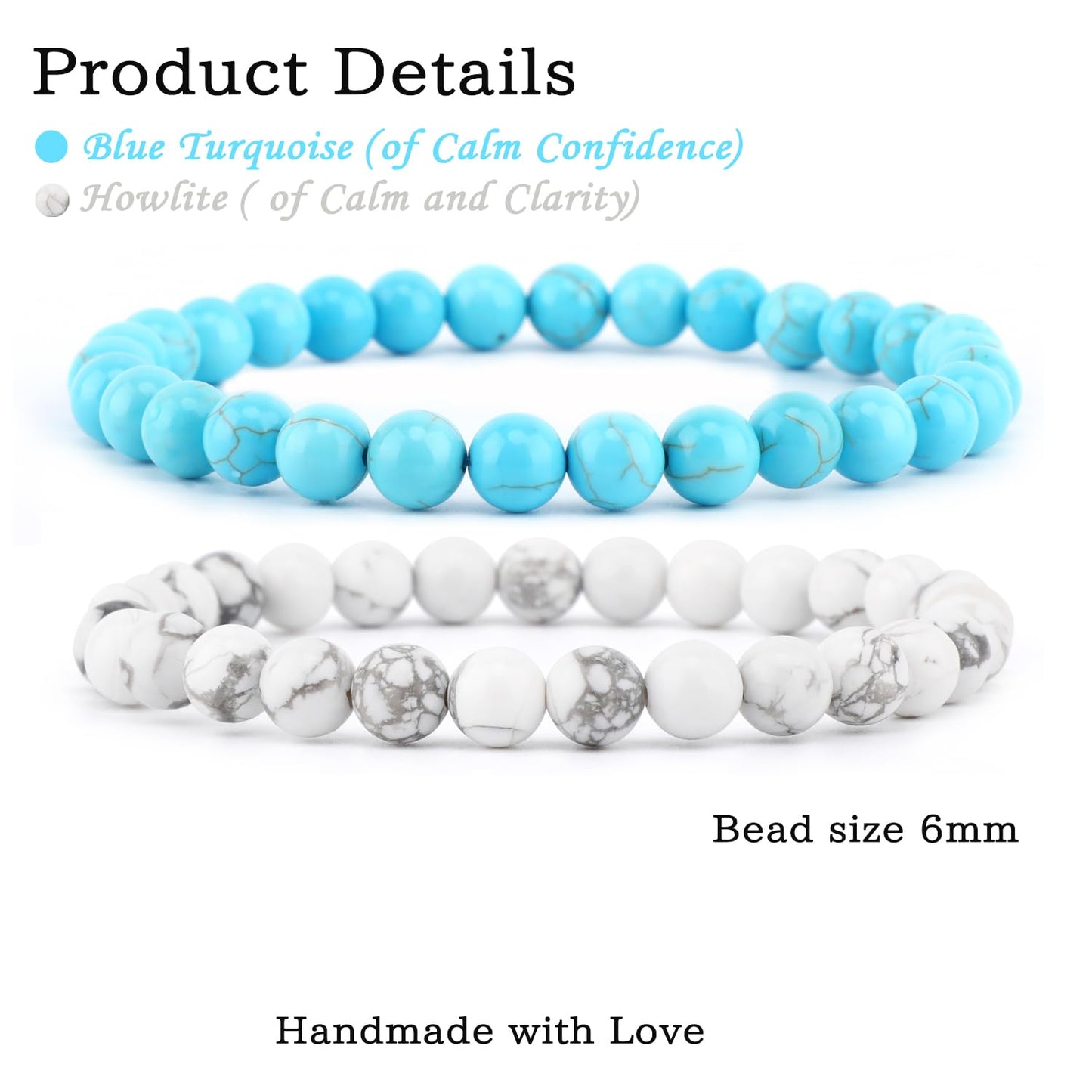 NCB 2-Piece 6mm Natural Crystal Gemstone Stretch Bracelets – ﻿Blue Turquoise, Howlite Handmade Reiki Energy Healing Jewelry for Meditation,Yoga, Unisex