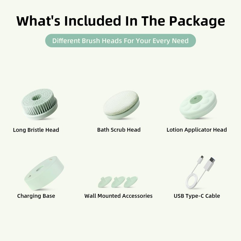 Oh,XIYU. Electric Body Brush Back Scrubber for Shower, Waterproof Long Dual Handle Body Scrubber with 3 Heads, Bath Brush & 2 Speeds, for Cleansing, Exfoliating and Massaging Skin, Pale Cypress Green