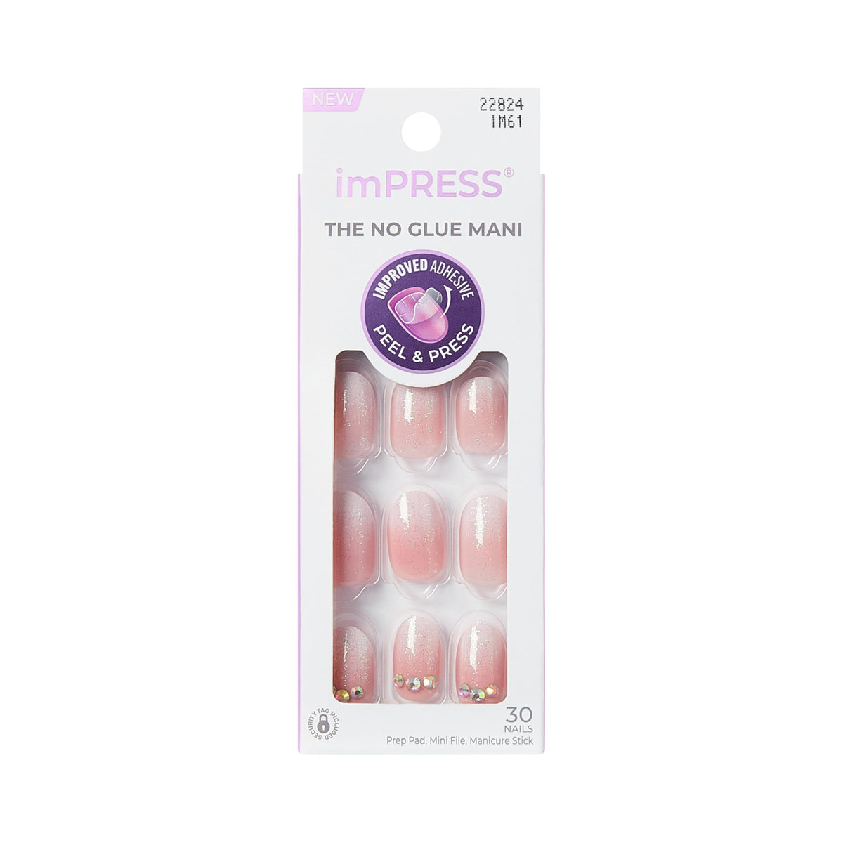 Kiss Impress No Glue Mani Press On Nails, Design, 'Even Better', Pink, Short Size, Oval Shape, Includes 30 Nails, Prep Pad, Instructions Sheet, 1 Manicure Stick, 1 Mini File