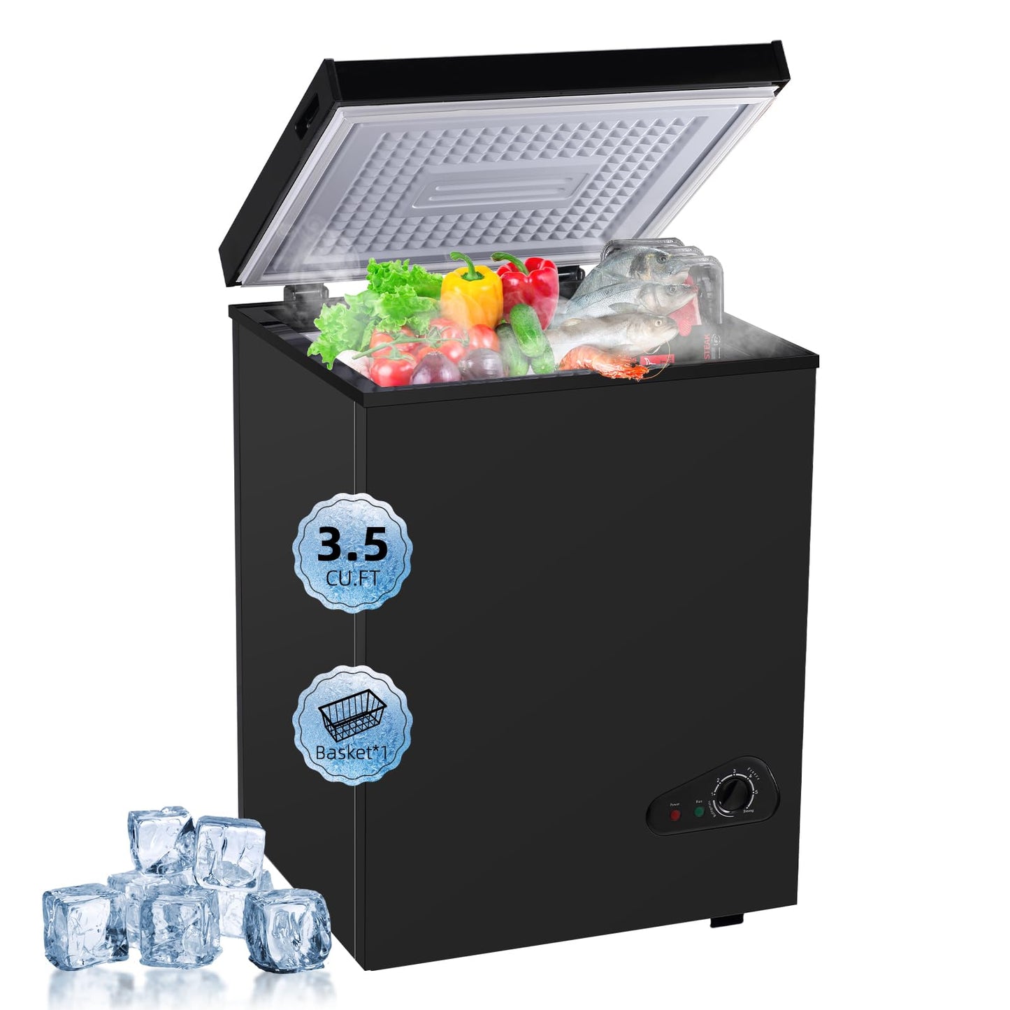 rosmena Deep Freezer 3.5 Cu.Ft, Chest Freezer with Removable Basket, Small Freezer with 6 Levels Adjustable Temperature, Quiet Mini Freezer for Home/Kitchen/Office/Garage/Bar (Black)