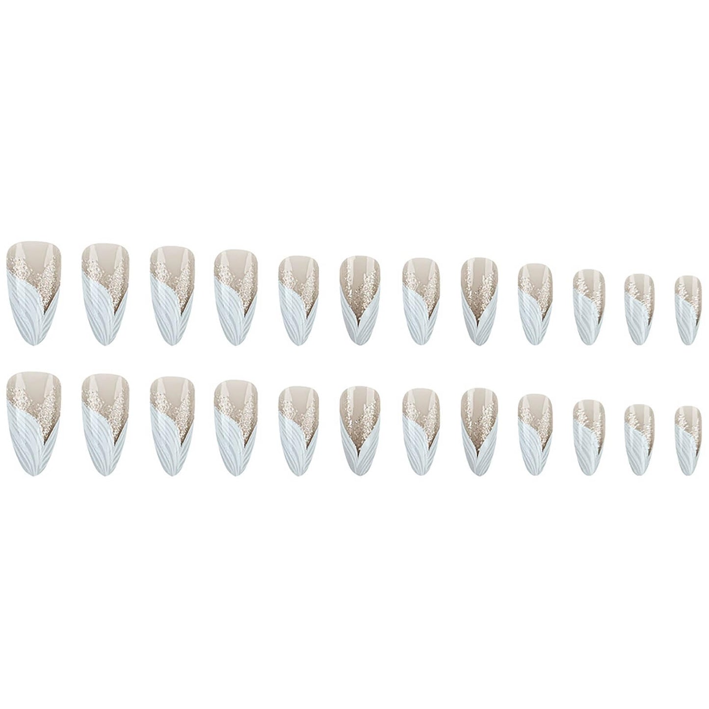 RUOKEXIN Almond Press on Nails White French Tip Fake Nails Medium False Nails with Silver Glitter Designs Almond Nail Press ons Nude Full Cover Glue on Nails Cute Stick on Nails for Women 24Pcs