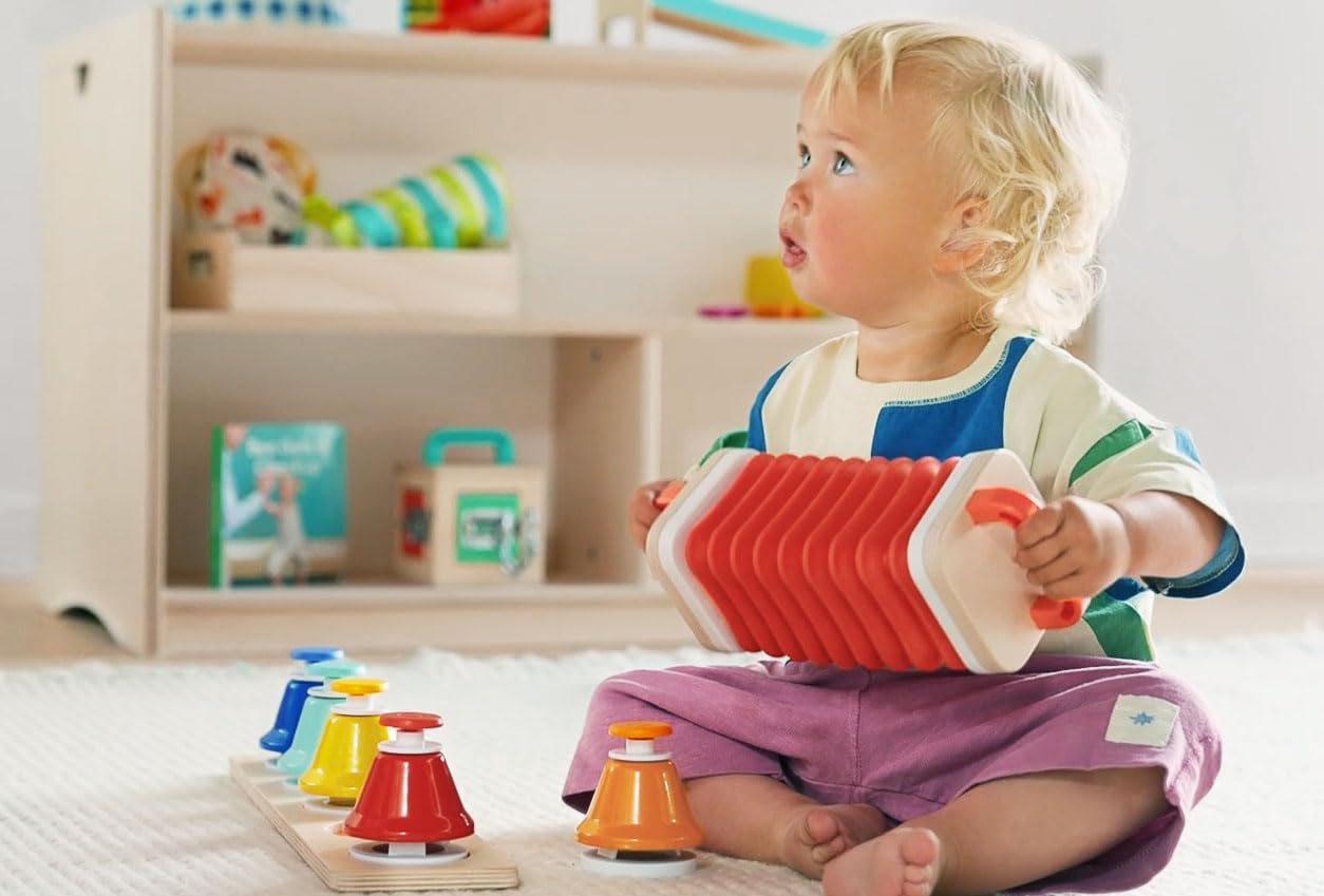 Lovevery | The Block Set | Solid Wood Building Blocks and Shapes + Wooden Storage Box, 70 Pieces & The Music Set | 6 Instruments and Rhythm & Songs Book, Toddler and Kids Music Toys