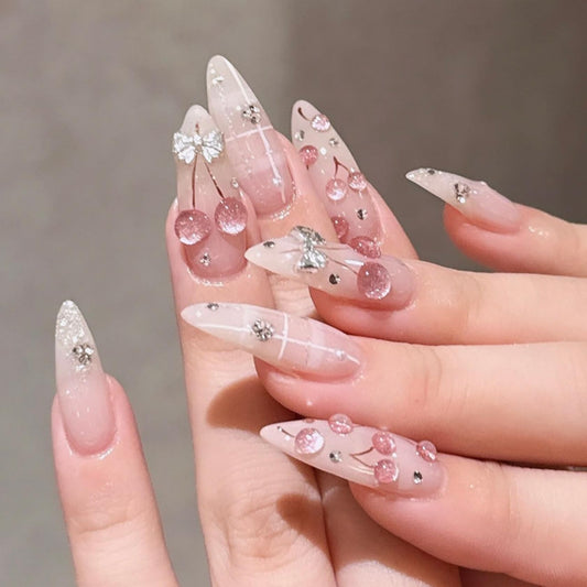 Medium Almond Press on Nails for Women,Cherry Blossom & Silver Bow,Fake Nails Artificial Stick on Nails