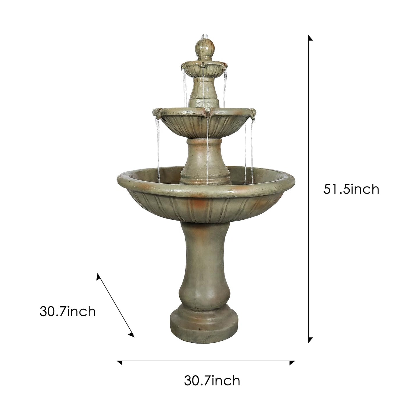 SunJet 51.5” High 3-Tiers Modern Concrete Outdoor Water Fountain - Round Large Outdoor Fountains and Waterfalls for Garden, Patio, Yard, and Deck Decor, Featuring Natural Stone Look