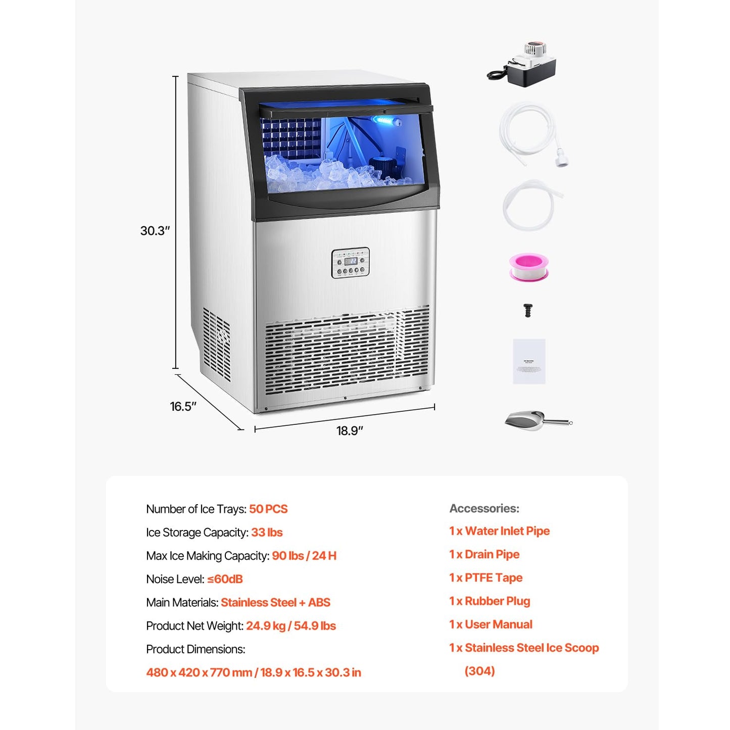 VEVOR 90lbs/24H Commercial Ice Maker Machine with Drain Pump, 33lbs Storage Capacity Ice Maker, 50 Ice Cubes in 15 Minutes, LED Digital Display Freestanding Self-Cleaning for Bar Office Restaurant